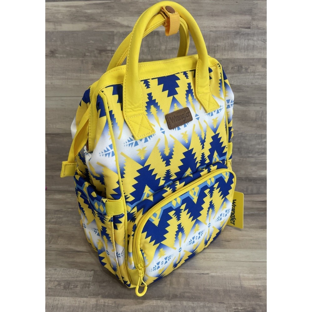 Wrangler Women's Aztex Printed Yellow Canvas Dual Sided Diaper Bag Backpack Logo
